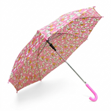 Pink umbrella with a floral pattern on a white background