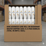 Cardboard box containing multiple bottles of Dove Advanced Care roll-on deodorant in a warehouse setting.