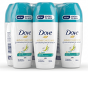 Three bottles of Dove Advanced Care Pear & aloe vera scent deodorant roll on on a white background
