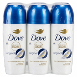 Three Dove Advanced Care original deodorant bottles in a row on a white background