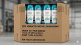 Cardboard box containing Dove Advanced Care roll-on deodorant bottles.