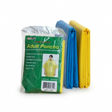 Packaged adult poncho with blue and yellow ponchos on a white background