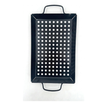 Black perforated grill basket on a white background