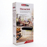 Black portable grill with metal legs on a white background