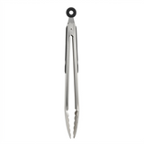 Stainless steel tongs on a white background
