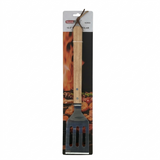 Barbecue spatula with wooden handle and metal head in packaging on a white background