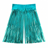 Turquoise metallic fringe backdrop on a white background