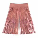 Rose gold glitter fringe curtain backdrop on a white background