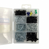 Assorted hardware kit with nails, screws, and plastic parts in a clear organizer on a white background.