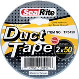 A roll of SealRite silver duct tape with 50 yards length and 2 inches width, featuring good adhesion and high tensile strength, made in Taiwan.